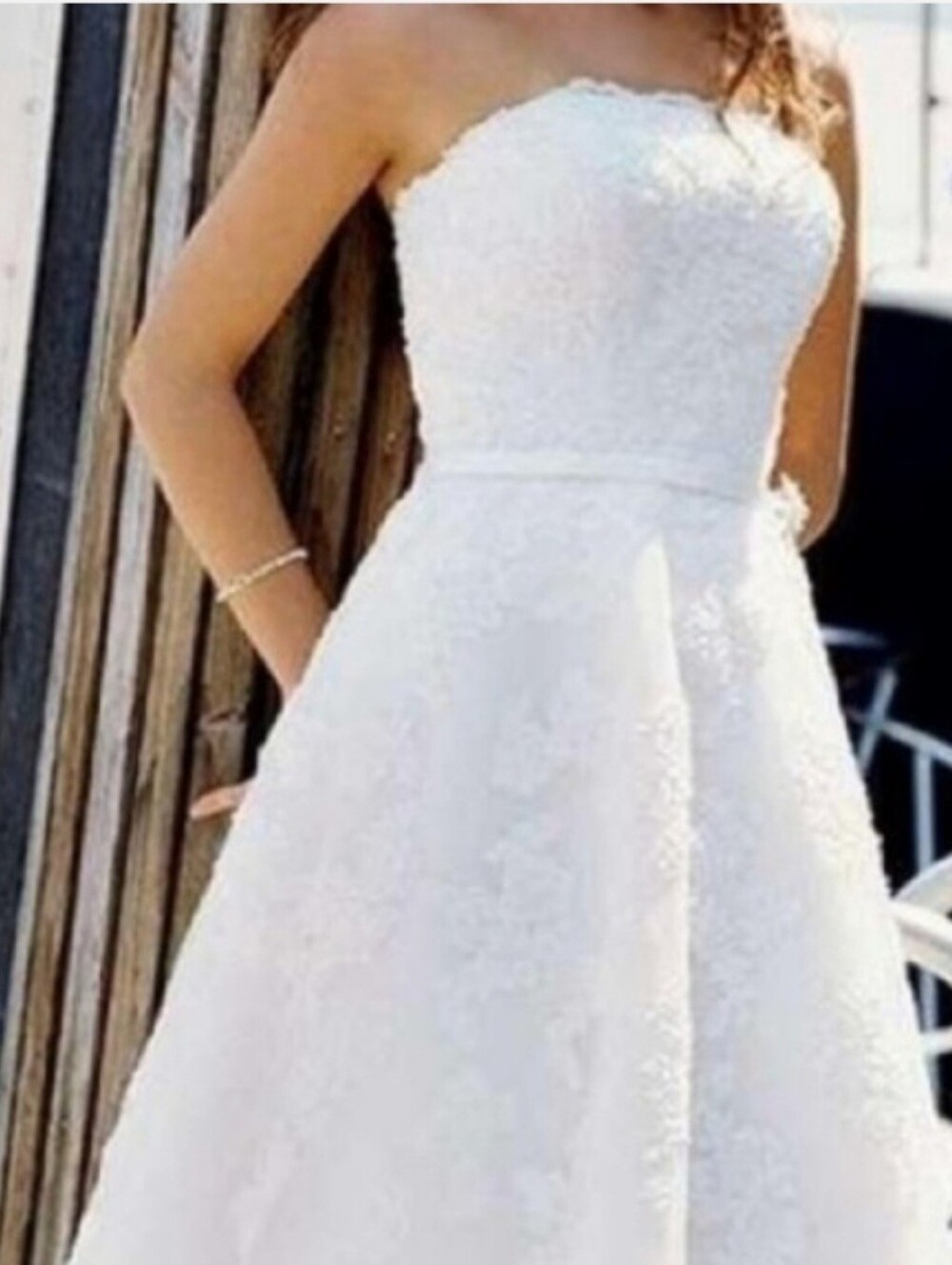 Davids Bridal Galina Strapless White Lace A-Line Dress
